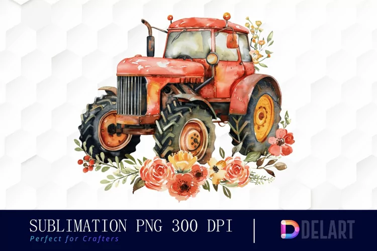 Farm Tractor Floral Watercolor Clipart