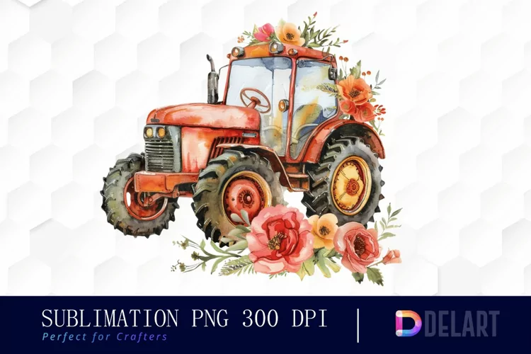 Farm Tractor Floral Graphics Clipart