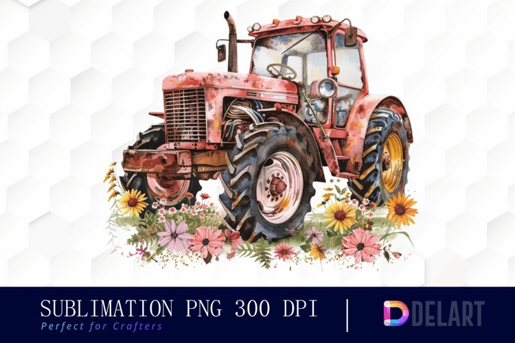 Farm Tractor Floral Watercolor Clipart