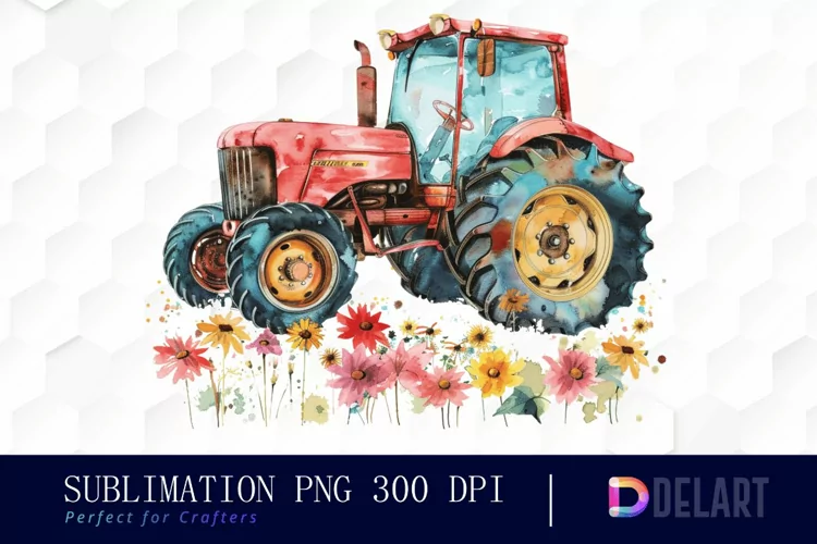 Farm Tractor Floral Watercolor Clipart