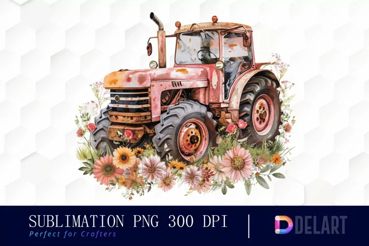 Farm Tractor Floral Watercolor Clipart