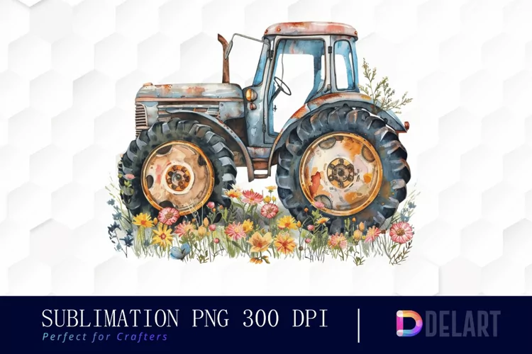 Farm Tractor Floral Sublimation PNG Clipart