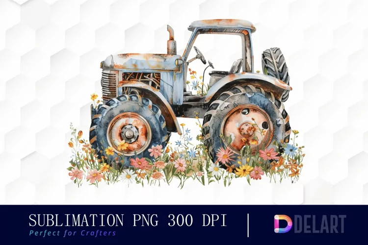 Farm Tractor Floral Watercolor Clipart