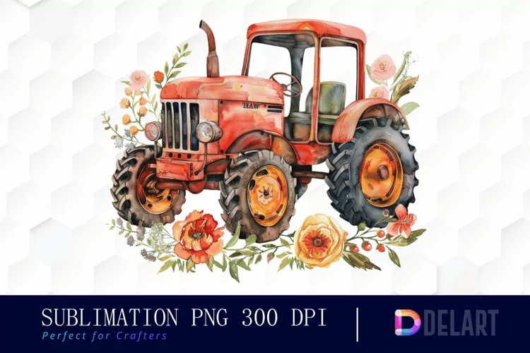 Farm Tractor Floral Watercolor Clipart
