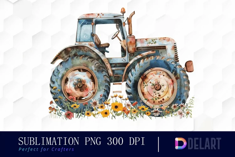 Farm Tractor Floral Art Clipart