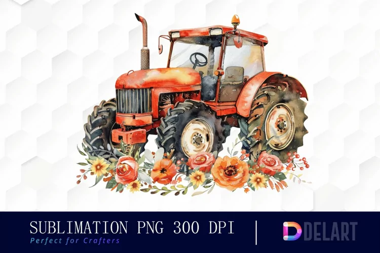 Farm Tractor Floral Image Clipart