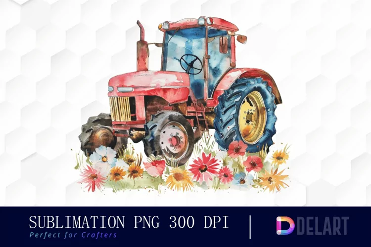 Farm Tractor Floral Watercolor Clipart