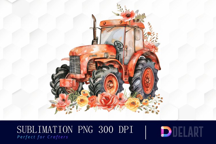 Farm Tractor Floral Watercolor Clipart