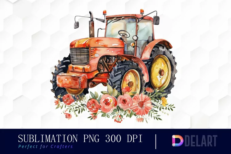 Farm Tractor Floral Watercolor Clipart