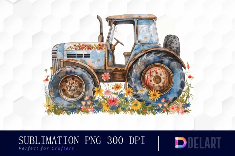 Farm Tractor Floral Watercolor Clipart