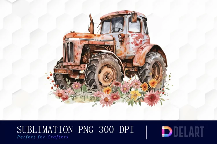 Farm Tractor Floral Watercolor Clipart