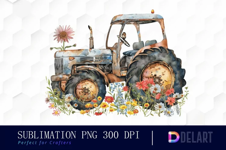 Farm Tractor Floral Graphics Clipart