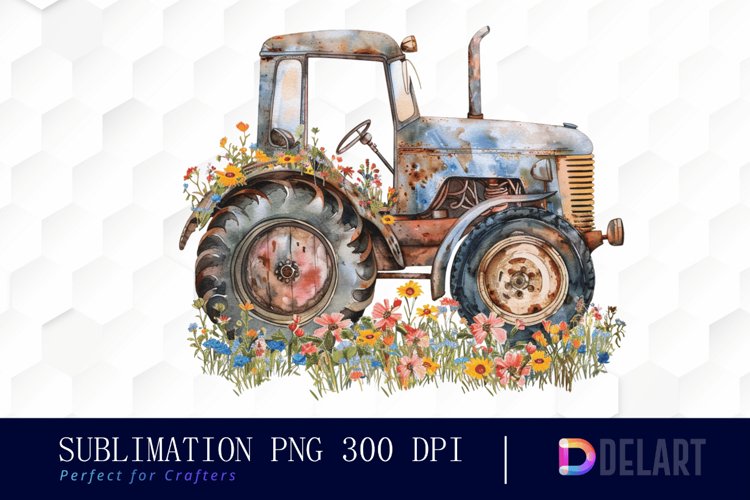 Farm Tractor Floral Watercolor Clipart