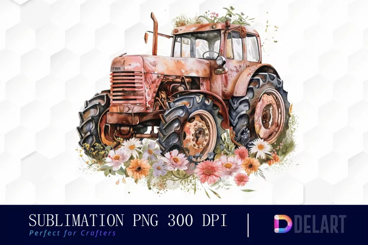 Farm Tractor Floral Watercolor Clipart