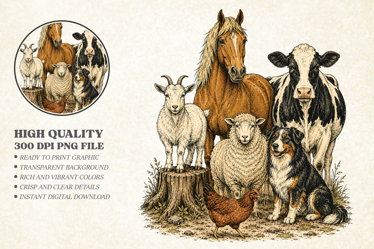 Watercolor Farmhouse Animals PNG, Country Horse Cow PNG