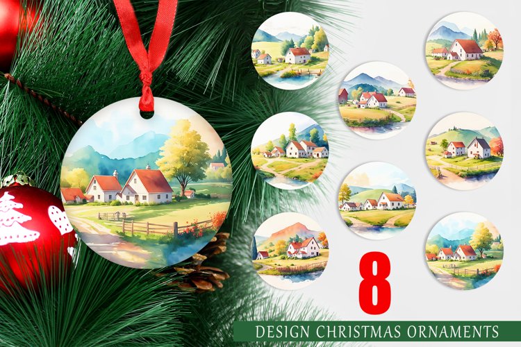 Christmas Ornaments Watercolor Farmhouses Landscape