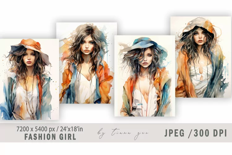 Watercolor fashion girl illustration for posters - 4 jpgs