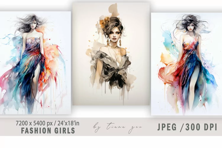Watercolor fashion girl illustration for posters - 3 jpgs
