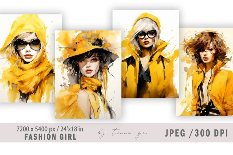 Watercolor fashion girl illustration for posters - 4 jpgs