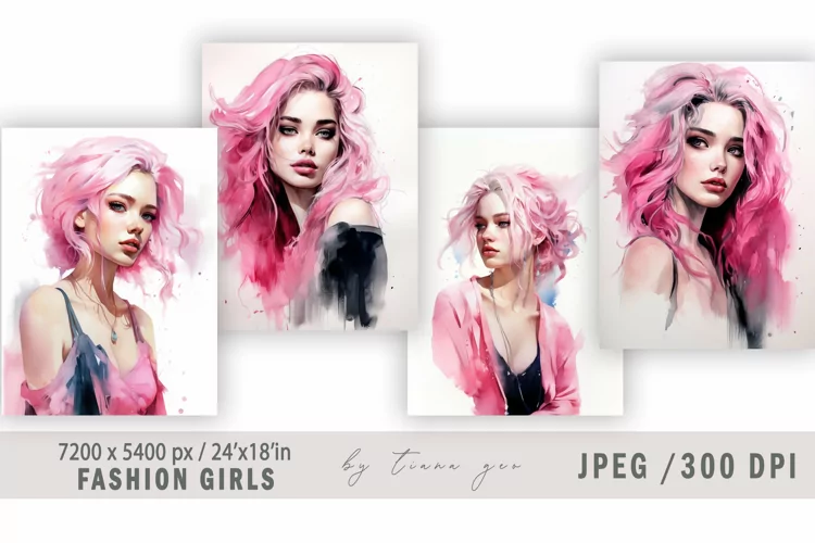 Watercolor fashion girl illustration for posters - 4 jpgs