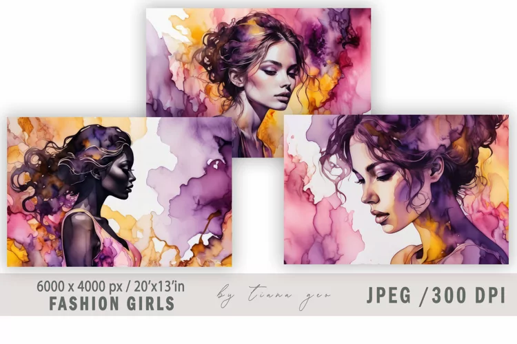 Watercolor fashion girl illustration for posters - 3 jpgs