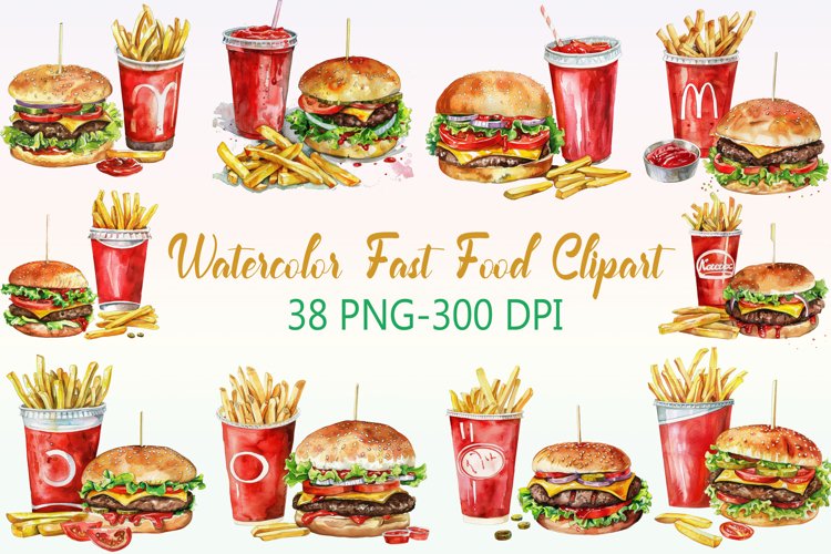 Watercolor Fast Food Clipart Bundle