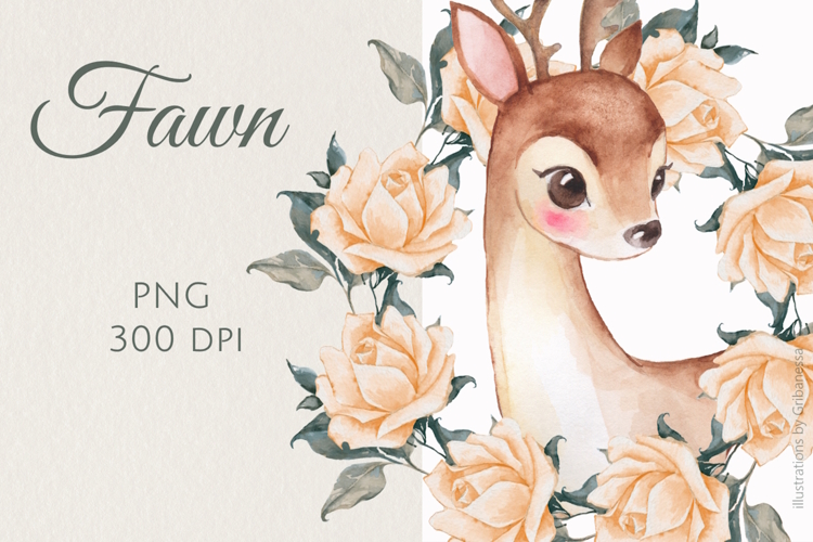 Real Watercolor Fawn with Floral Wreath PNG