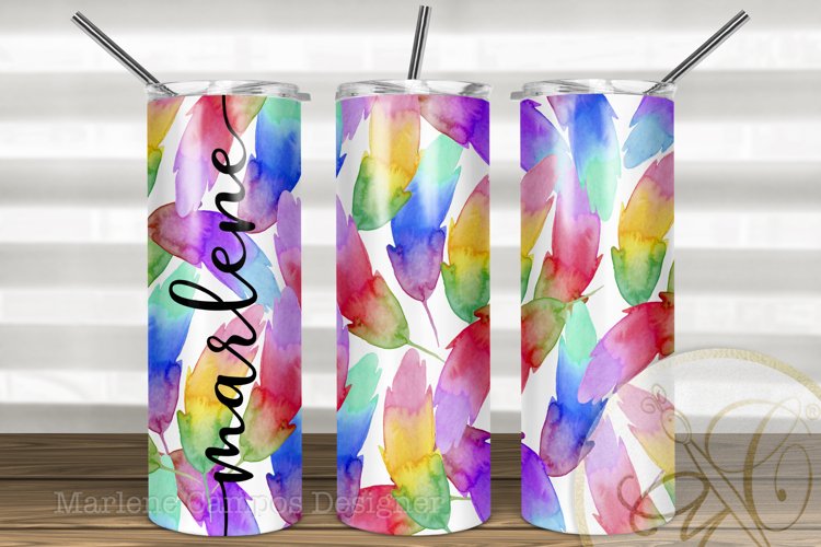 Watercolor Feather 20oz Skinny Tumbler Sublimation example image 1