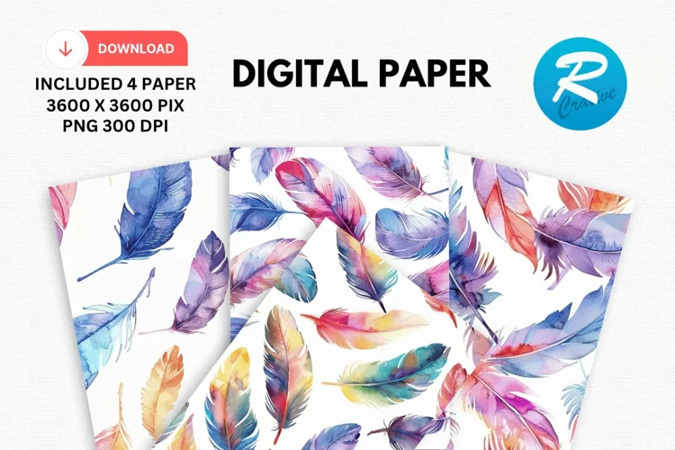 Watercolor Feathers Digital Paper, Feathers Background