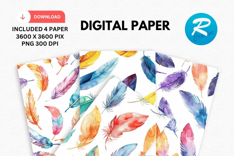 Watercolor Feathers Digital Paper, Feathers Background