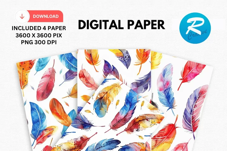 Watercolor Feathers Digital Paper, Feathers Background