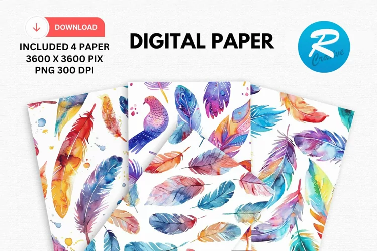 Watercolor Feathers Digital Paper, Feathers Background