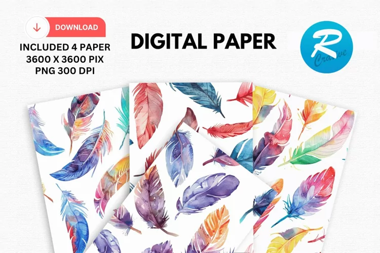 Watercolor Feathers Digital Paper, Feathers Background