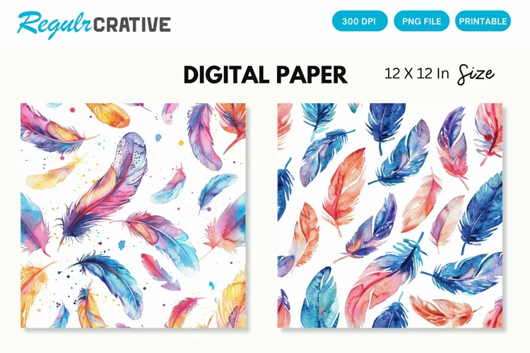 Watercolor Feathers Seamless Digital Paper, Feathers PNG