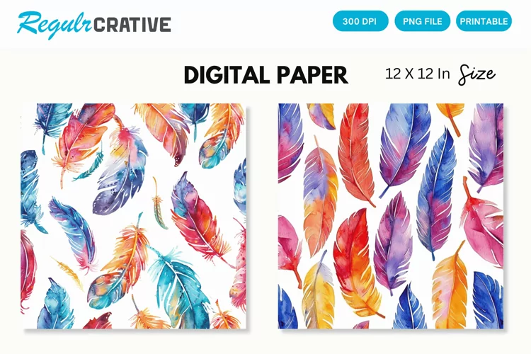 Watercolor Feathers Seamless Digital Paper, Feathers PNG