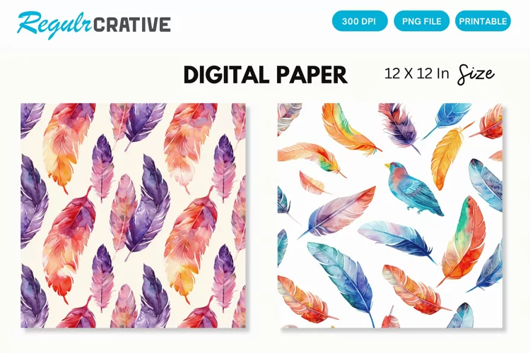 Watercolor Feathers Seamless Digital Paper, Feathers PNG