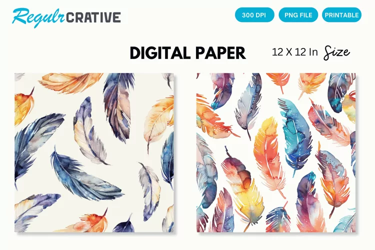 Watercolor Feathers Seamless Digital Paper, Feathers PNG