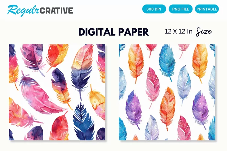 Watercolor Feathers Seamless Digital Paper, Feathers PNG