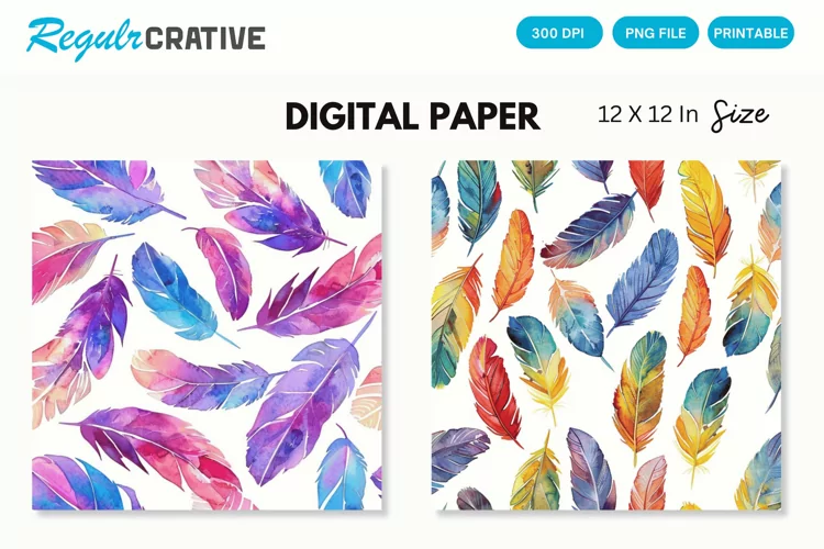 Watercolor Feathers Seamless Digital Paper, Feathers PNG
