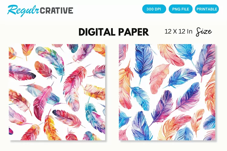 Watercolor Feathers Seamless Digital Paper, Feathers PNG