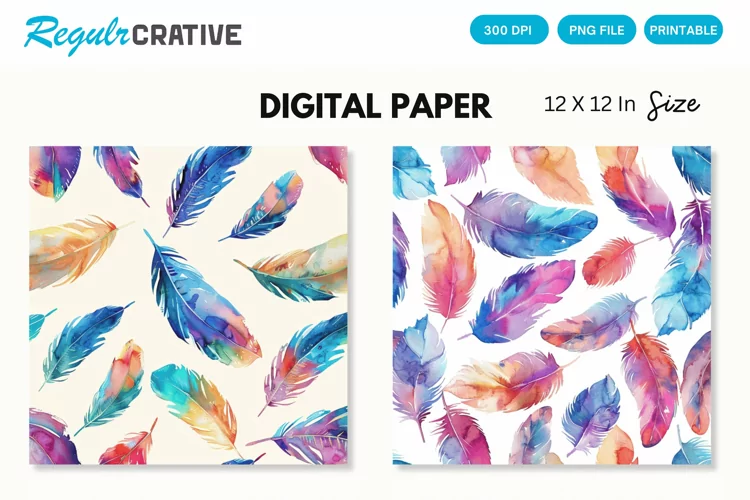 Watercolor Feathers Seamless Digital Paper, Feathers PNG