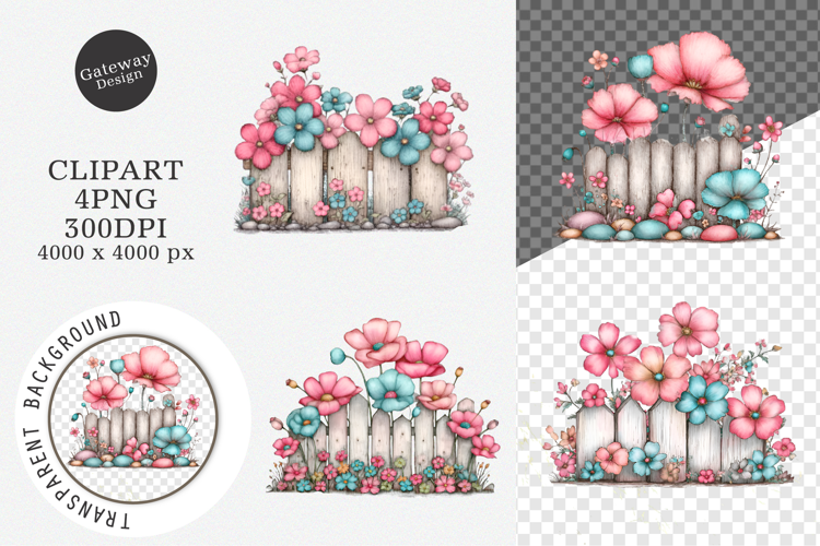 Watercolor Fence Flowers Clipart