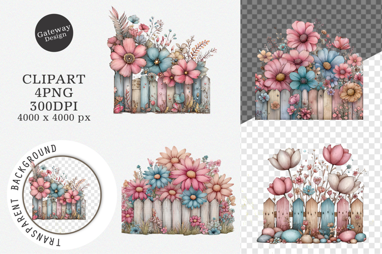 Watercolor Fence Flowers Clipart