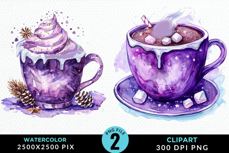 Watercolor Festive Purple Hot Cocoa Cup Clipart