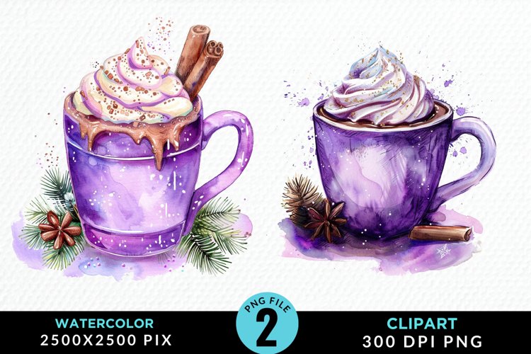 Watercolor Festive Purple Hot Cocoa Cup Clipart