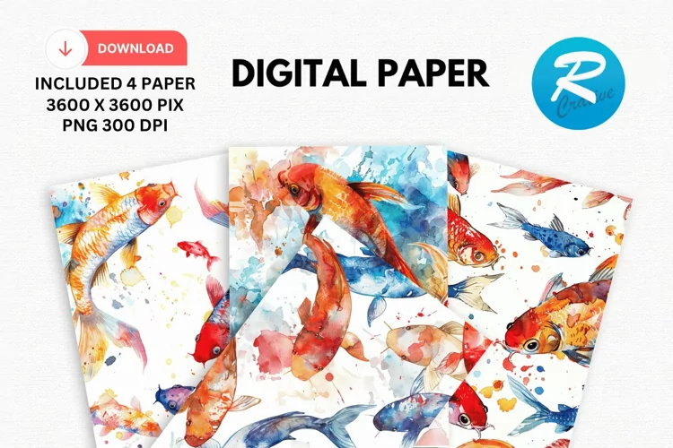 Watercolor Fish Digital Paper, Watercolor Fish Background