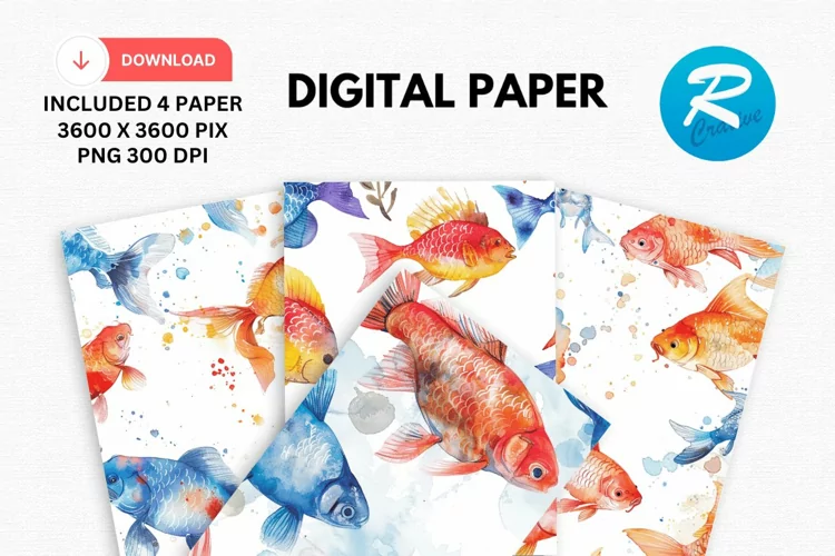 Watercolor Fish Digital Paper, Watercolor Fish Background