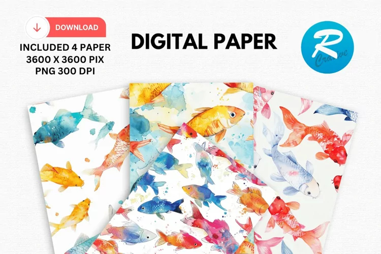 Watercolor Fish Digital Paper, Watercolor Fish Background