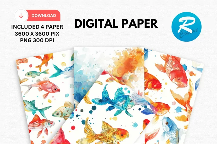 Watercolor Fish Digital Paper, Watercolor Fish Background