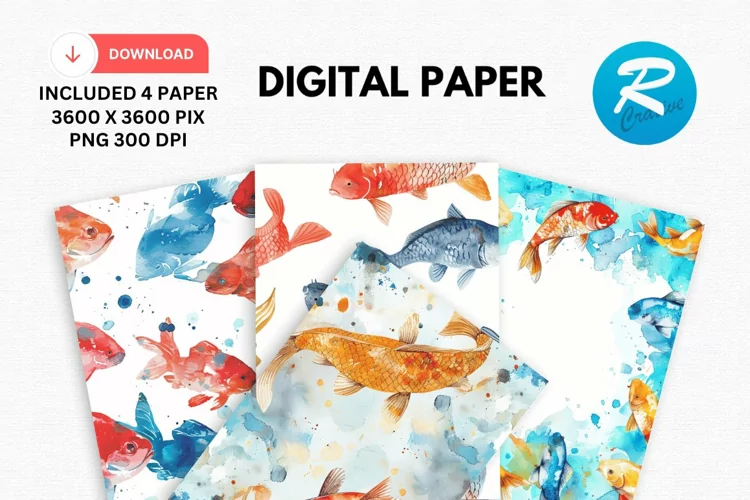 Watercolor Fish Digital Paper, Watercolor Fish Background